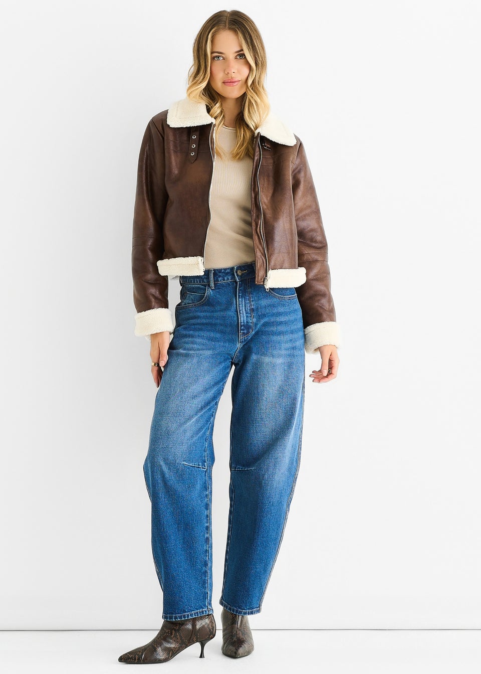 Gini London Brown Faux Leather Shearling Fur Aviator Jacket