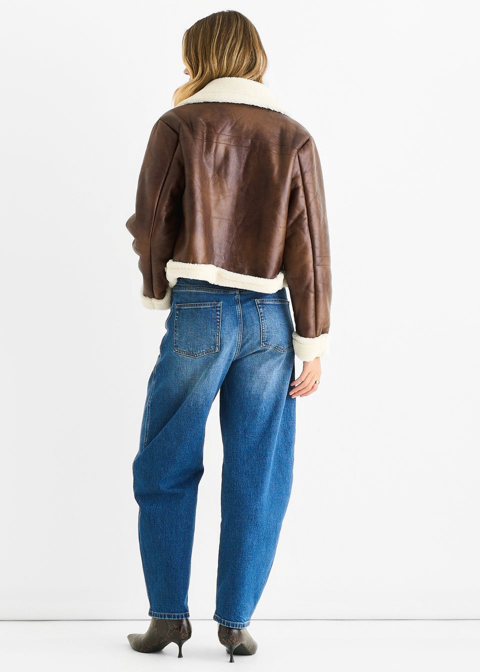 Gini London Brown Faux Leather Shearling Fur Aviator Jacket