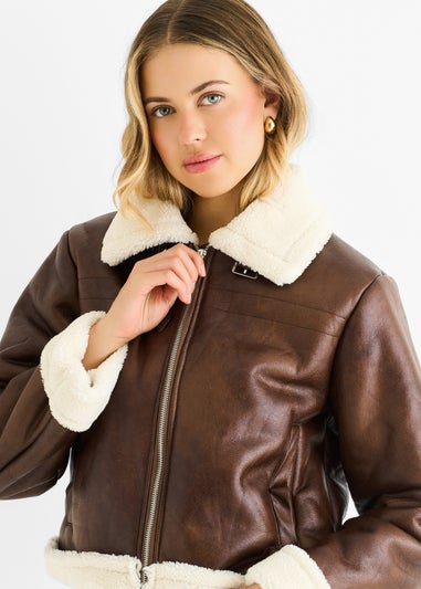 Gini London Brown Faux Leather Shearling Fur Aviator Jacket