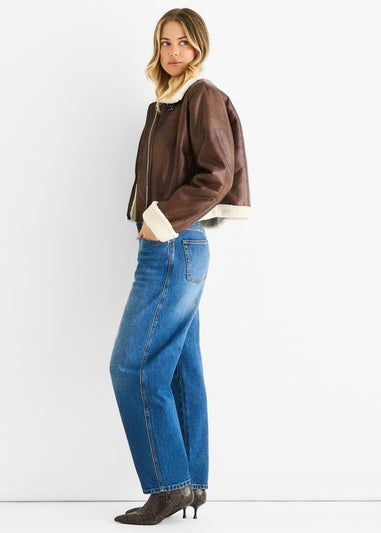 Gini London Brown Faux Leather Shearling Fur Aviator Jacket