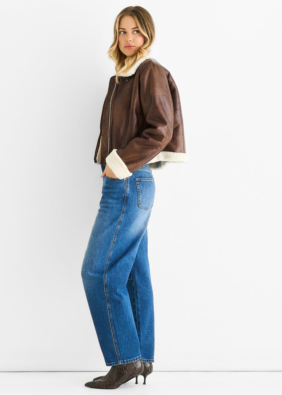 Gini London Brown Faux Leather Shearling Fur Aviator Jacket