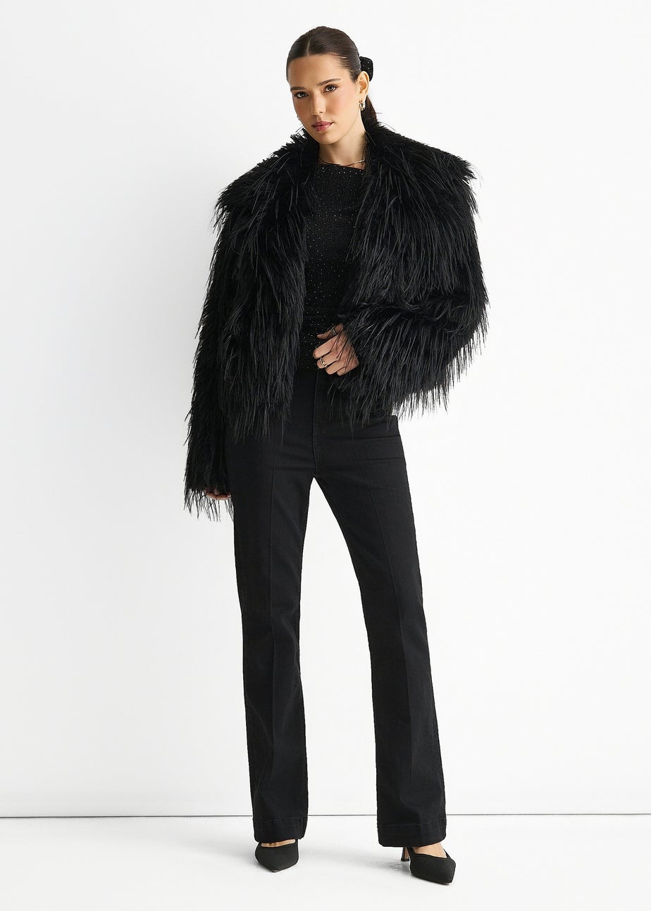 Gini London Black Plain Fringe Faux Fur Short Jacket