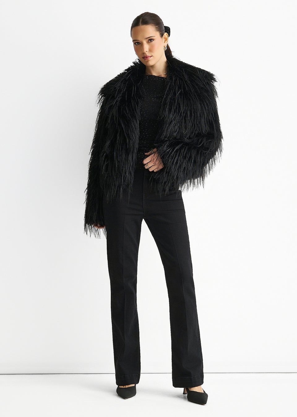 Gini London Black Plain Fringe Faux Fur Short Jacket