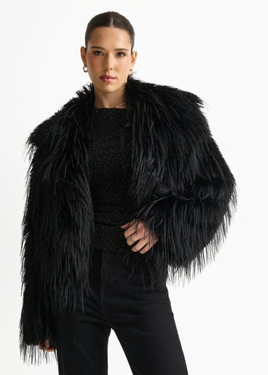 Gini London Black Plain Fringe Faux Fur Short Jacket