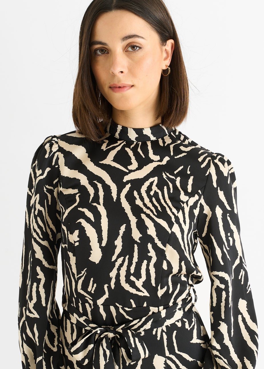 Gini London Black Animal High Neck Satin Midi Dress