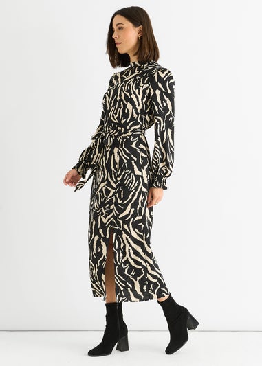 Gini London Black Animal High Neck Satin Midi Dress