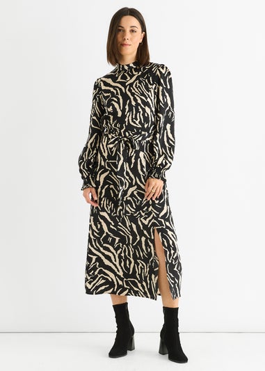 Gini London Black Animal High Neck Satin Midi Dress