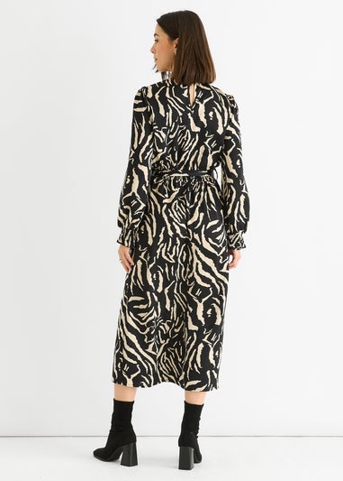Gini London Black Animal High Neck Satin Midi Dress