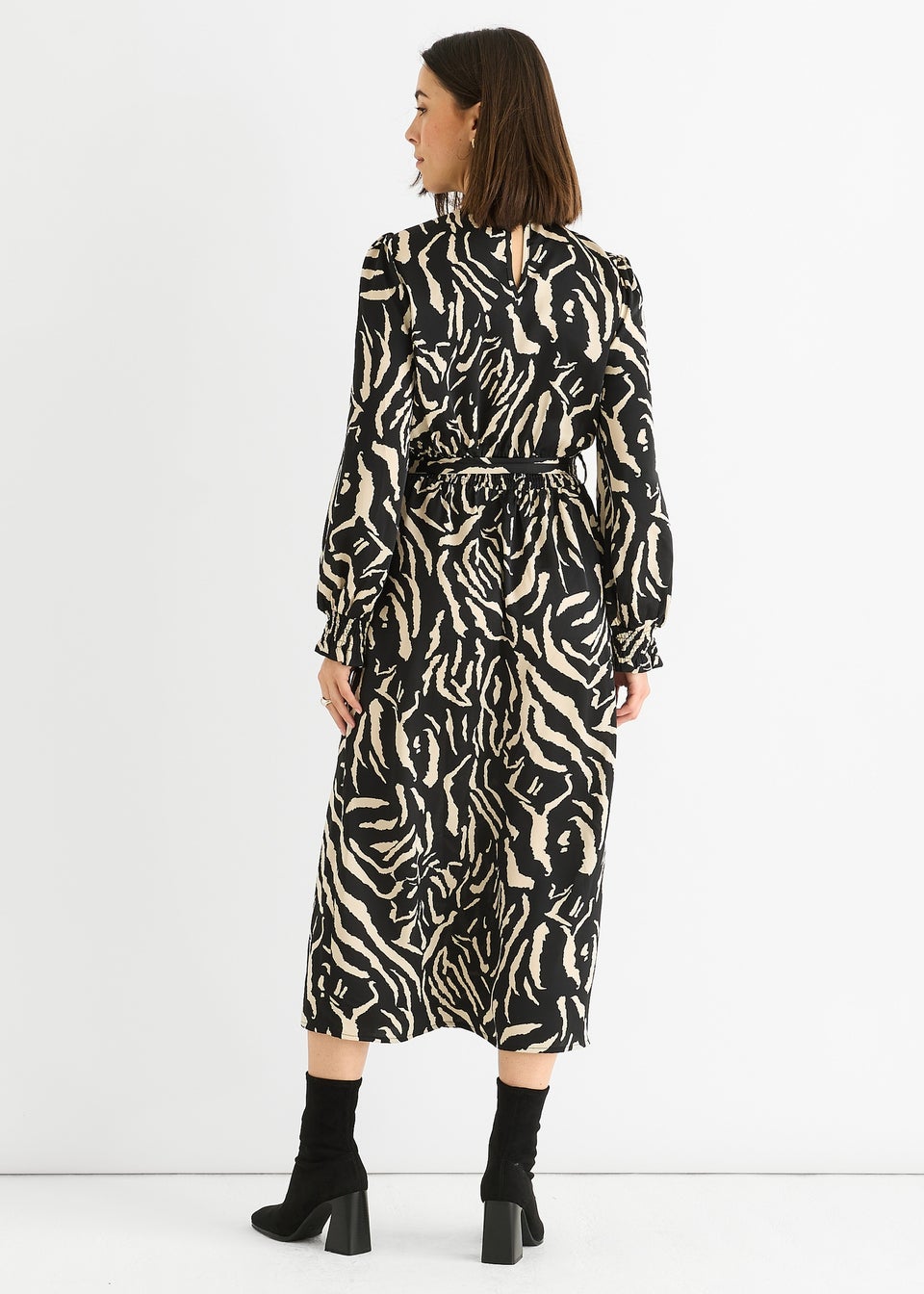 Gini London Black Animal High Neck Satin Midi Dress