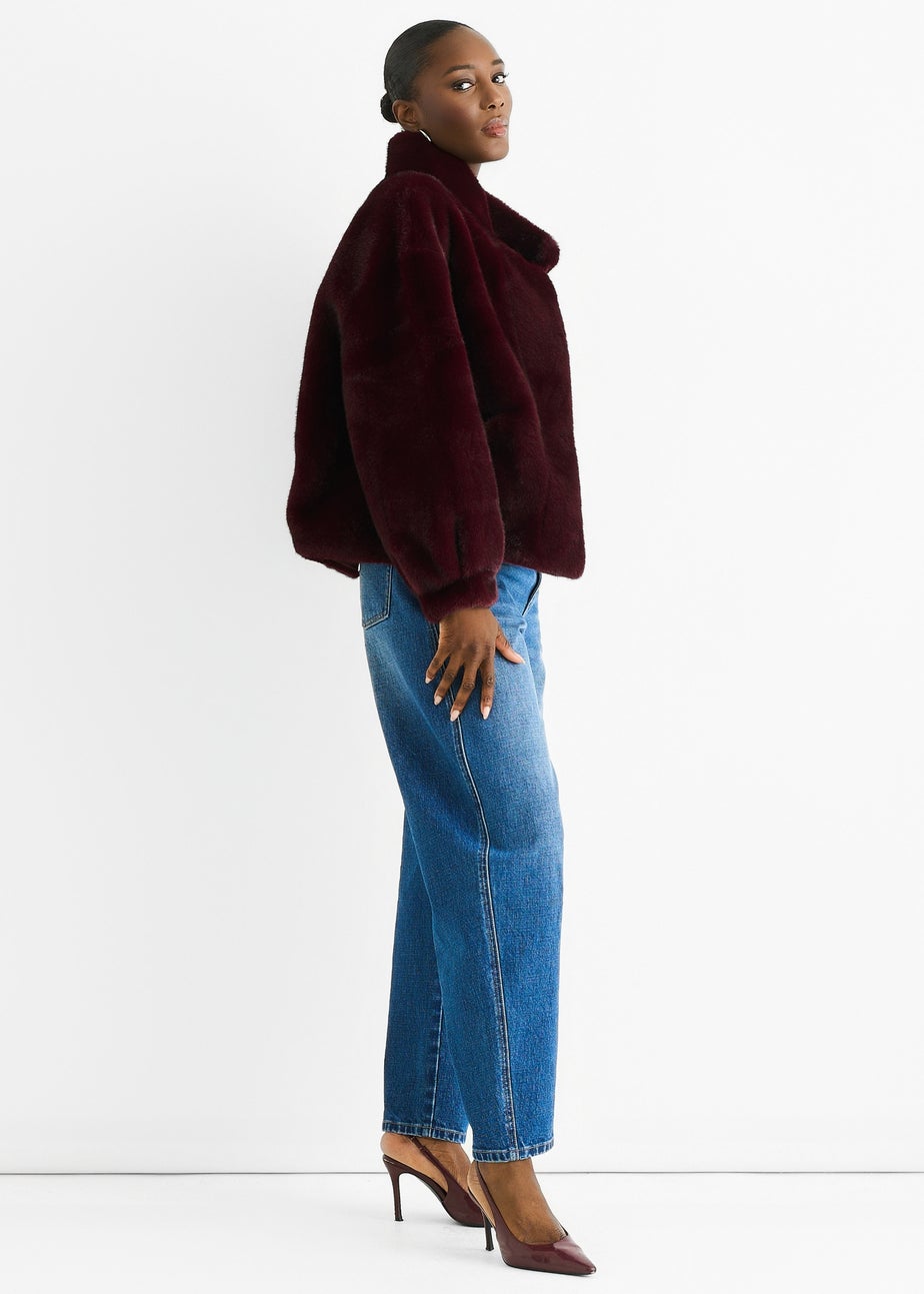 Gini London Angora Red Funnel Neck Button Up Faux Fur Jacket