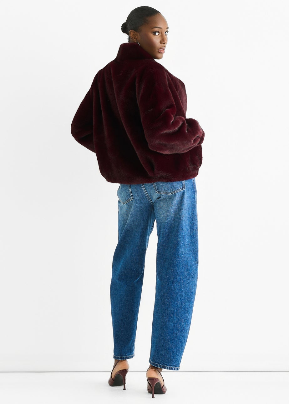 Gini London Angora Red Funnel Neck Button Up Faux Fur Jacket