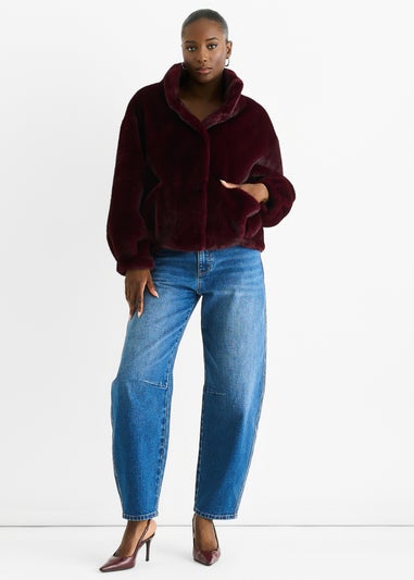 Gini London Angora Red Funnel Neck Button Up Faux Fur Jacket