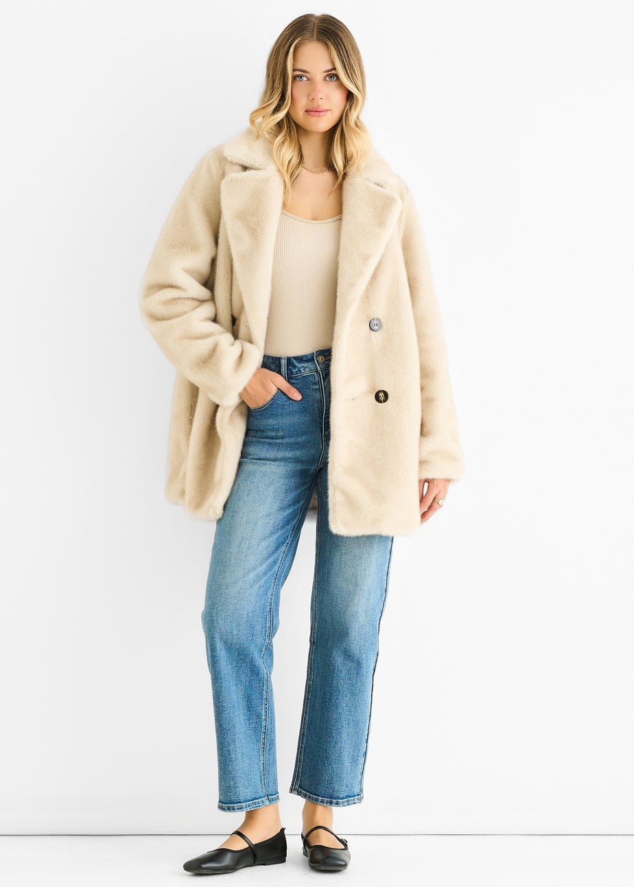 Gini London Beige Faux Fur Double Breasted Longline Jacket