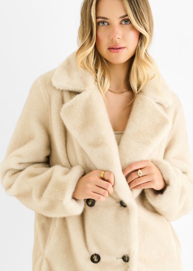 Gini London Beige Faux Fur Double Breasted Longline Jacket