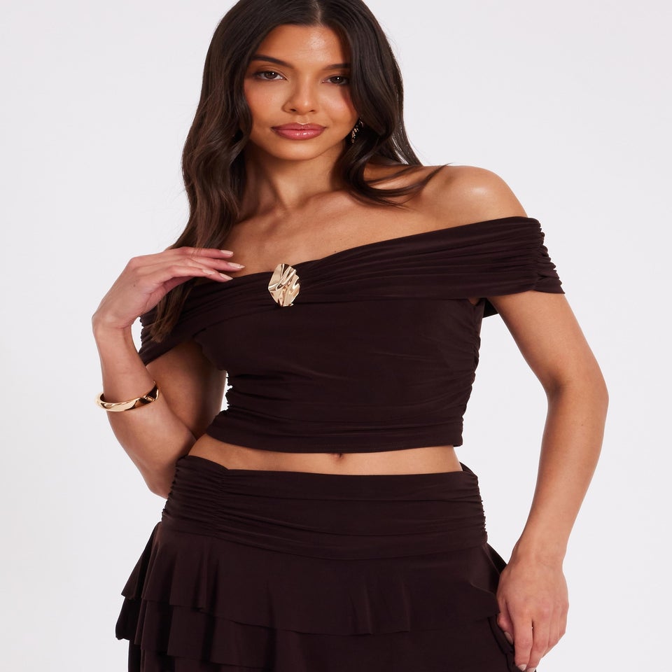 Quiz Brown Bardot Crop Top
