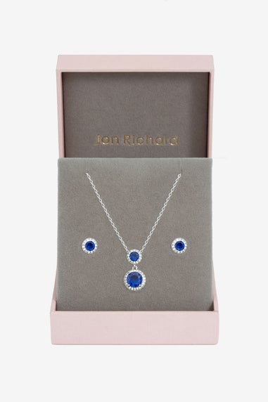Jon Richard Rhodium Plated & Cubic Zirconia Double Halo Sapphire Drop Set Gift Box