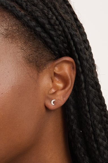 Simply Silver Sterling Silver 925 Mini Pave Crescent Stud Earrings