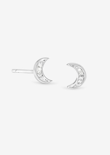 Simply Silver Sterling Silver 925 Mini Pave Crescent Stud Earrings