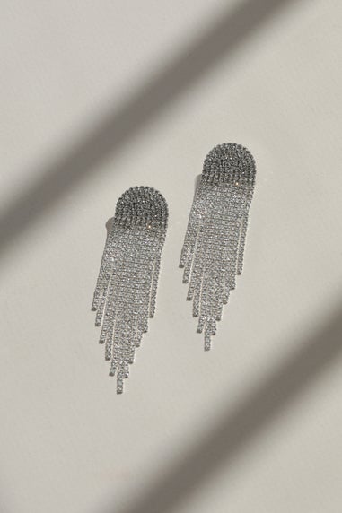 Mood Silver Crystal Tassel Statement Drop Earrings