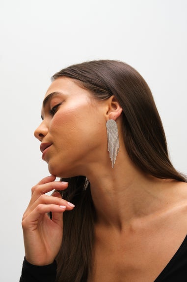 Mood Silver Crystal Tassel Statement Drop Earrings
