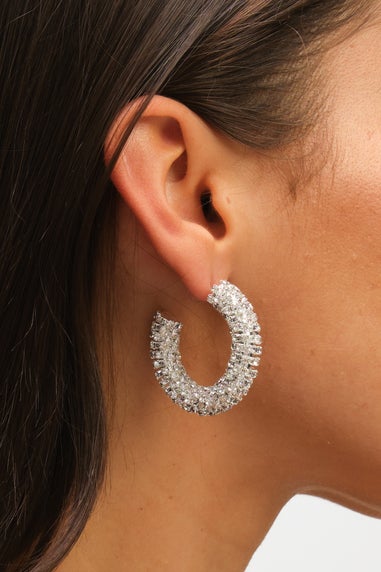 Mood Silver Crystal Chubby Hoop Earrings