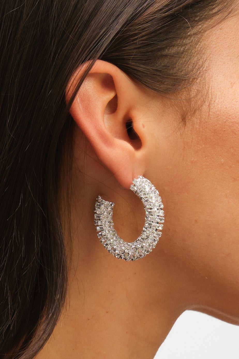 Mood Silver Crystal Chubby Hoop Earrings