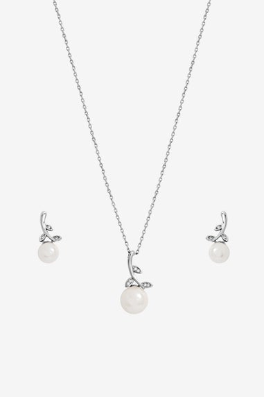 Jon Richard Rhodium Plated Crystal Leaf & Pearl Drop Set Gift Box