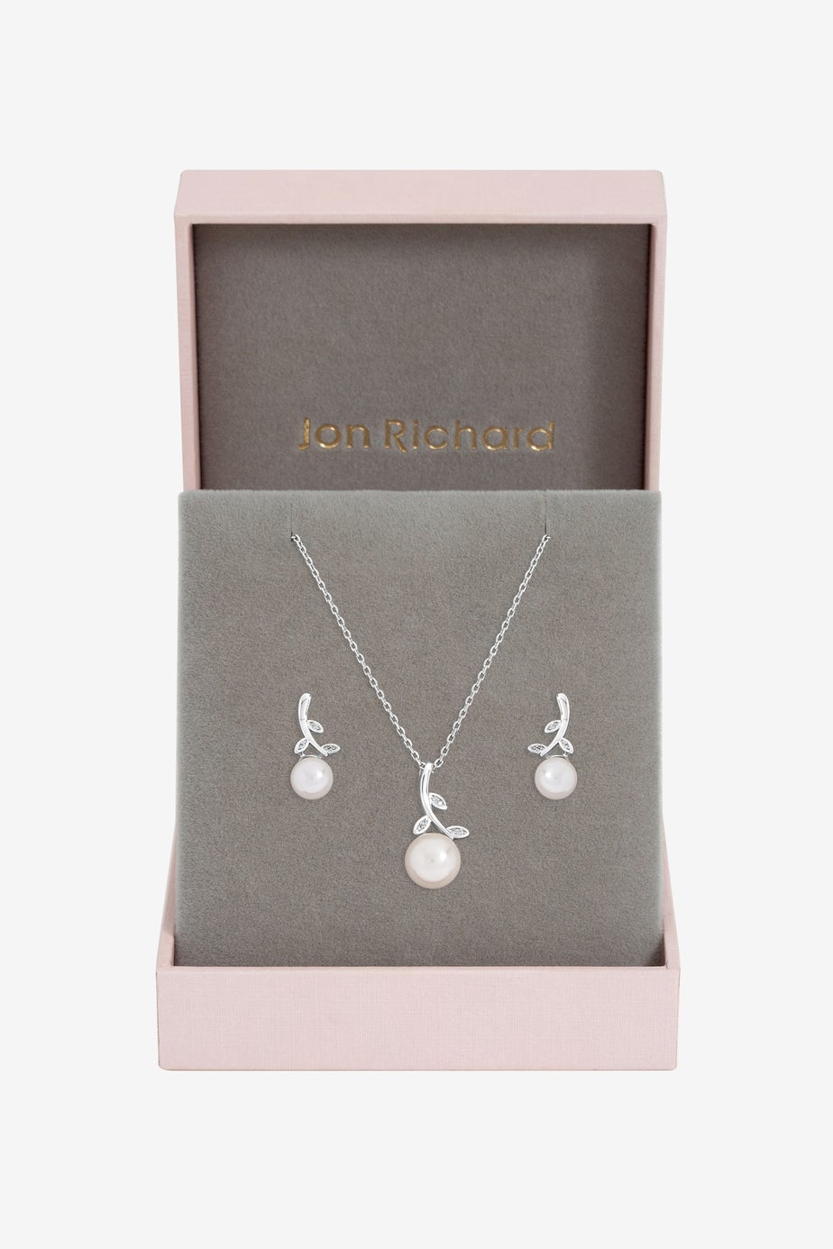 Jon Richard Rhodium Plated Crystal Leaf & Pearl Drop Set Gift Box