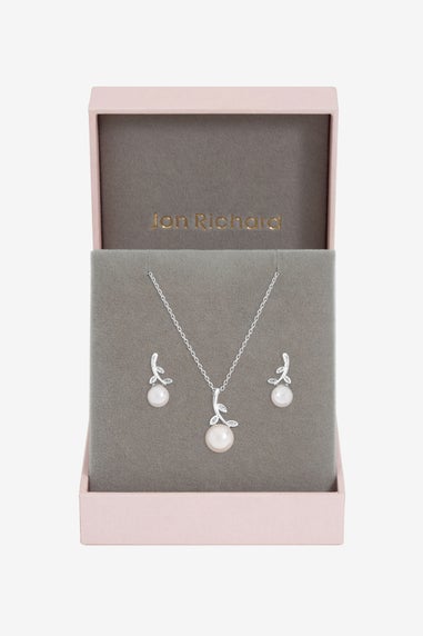Jon Richard Rhodium Plated Crystal Leaf & Pearl Drop Set Gift Box