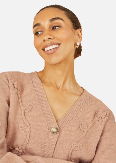 Yumi Brown Floral Embroidered Relaxed Fit Cardigan