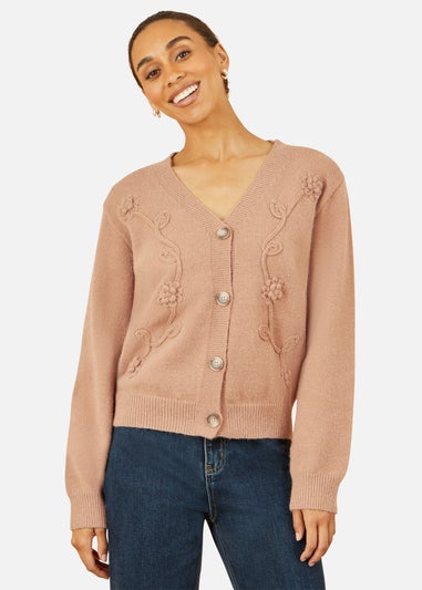 Yumi Brown Floral Embroidered Relaxed Fit Cardigan