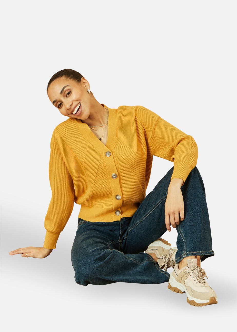 Yumi Mustard Knitted Stitch Detail Cardigan