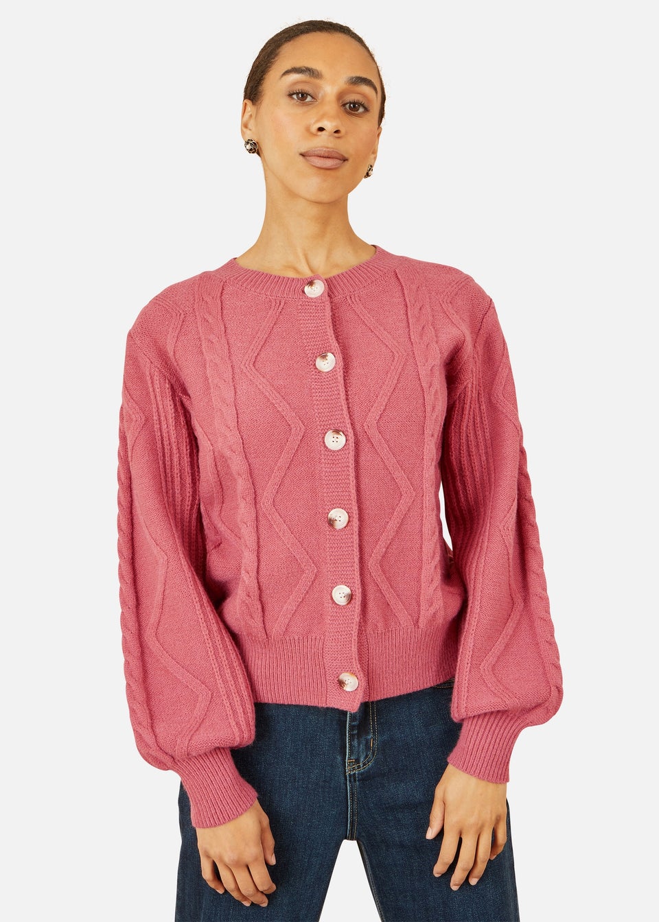 Yumi Pink Relaxed Fit Cable Cardigan