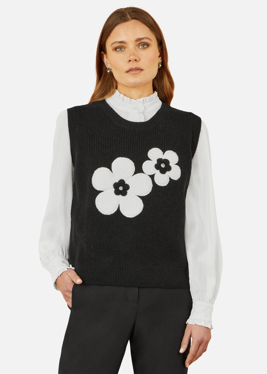 Yumi Black Flower Knitted Sleeveless Jumper Vest