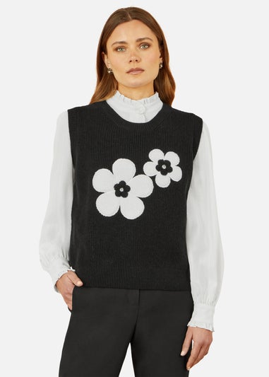 Yumi Black Flower Knitted Sleeveless Jumper Vest