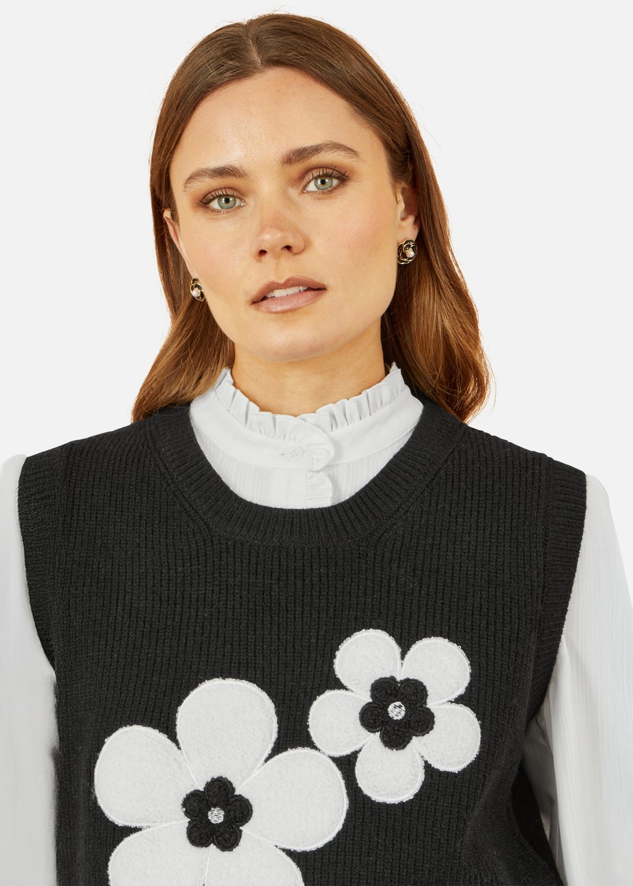 Yumi Black Flower Knitted Sleeveless Jumper Vest