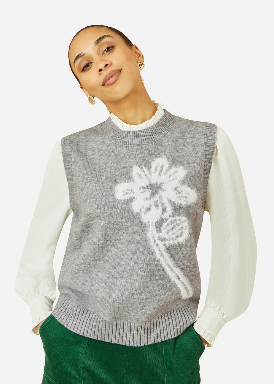 Yumi Grey Knitted Flower Sleeveless Jumper Vest