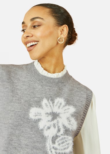Yumi Grey Knitted Flower Sleeveless Jumper Vest