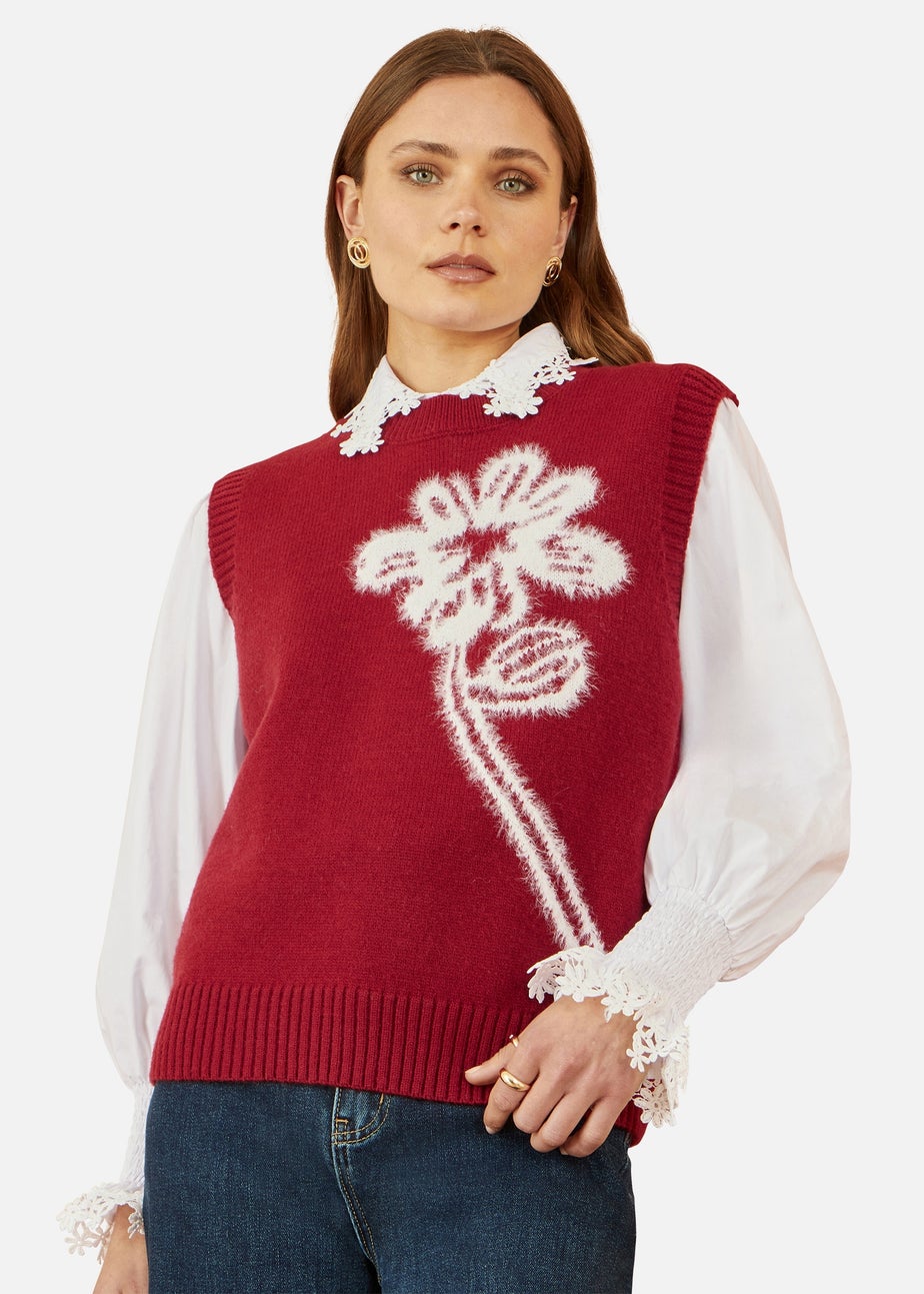 Yumi Burgundy Knitted Flower Sleeveless Jumper Vest