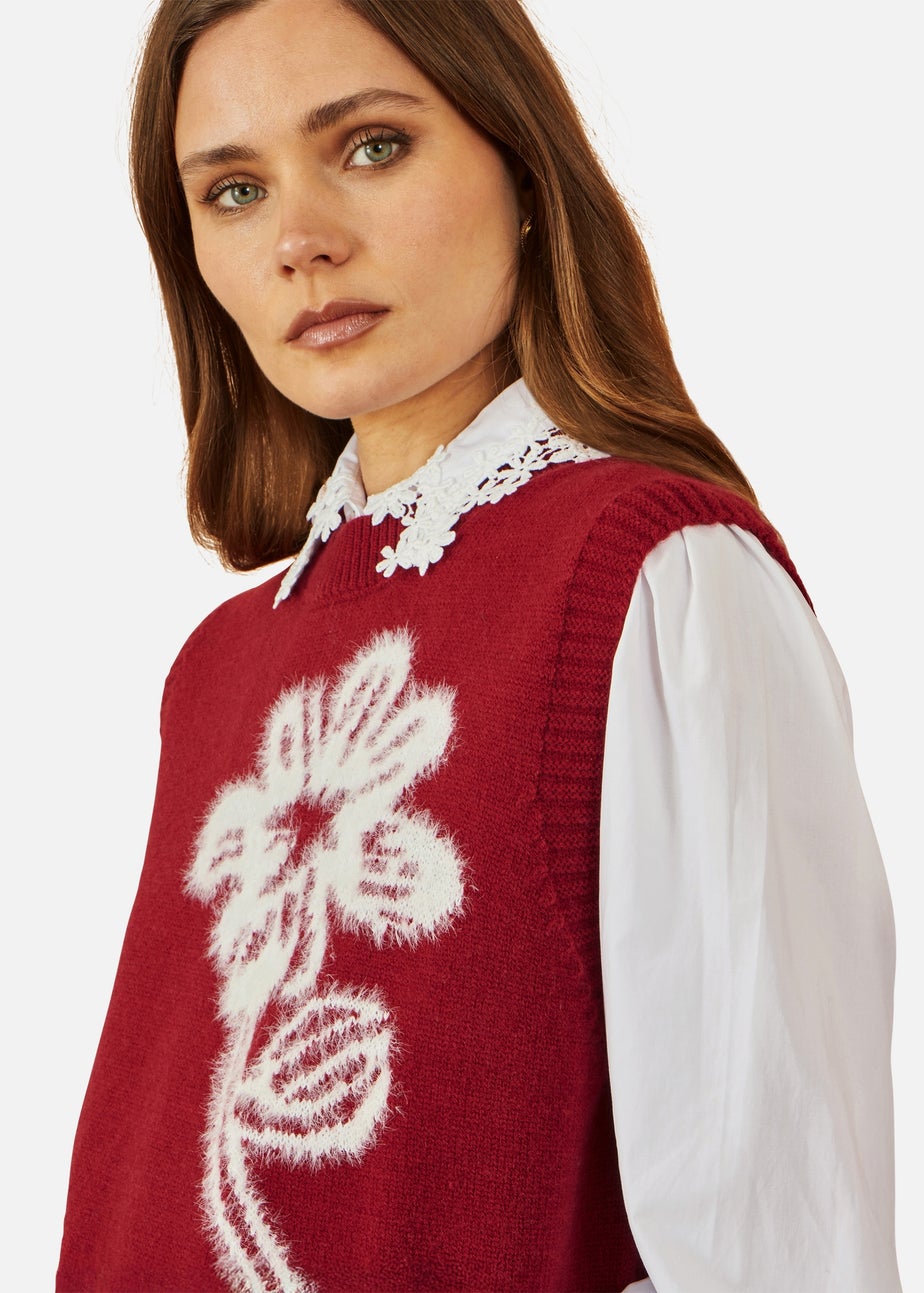 Yumi Burgundy Knitted Flower Sleeveless Jumper Vest