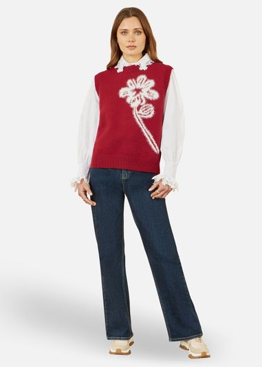 Yumi Burgundy Knitted Flower Sleeveless Jumper Vest
