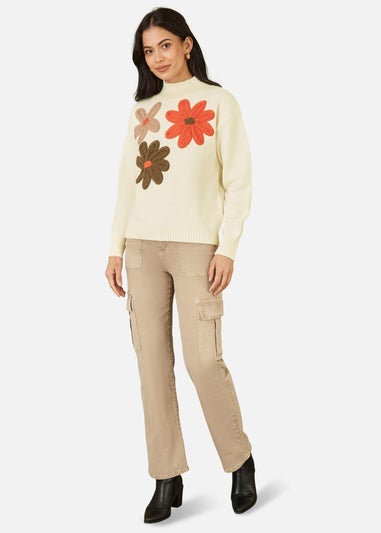 Yumi Ivory Knitted High Neck Jumper With Applique Flowers
