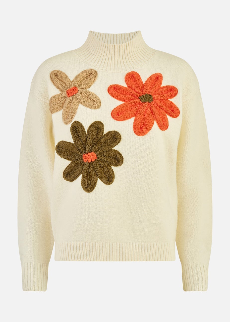 Yumi Ivory Knitted High Neck Jumper With Applique Flowers