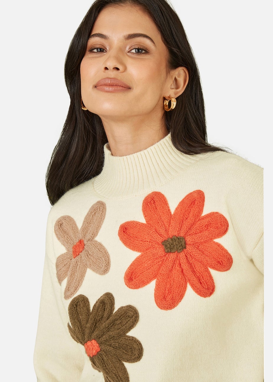 Yumi Ivory Knitted High Neck Jumper With Applique Flowers