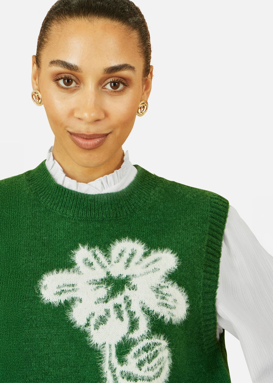 Yumi Green Knitted Flower Sleeveless Jumper Vest