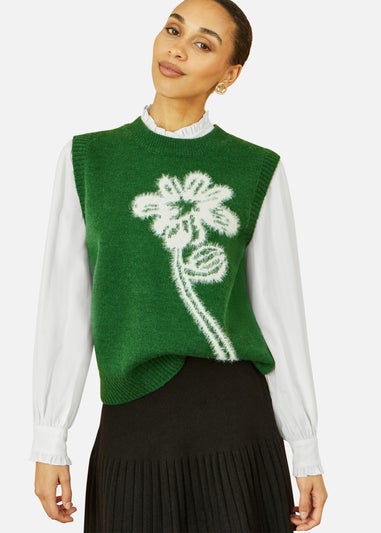 Yumi Green Knitted Flower Sleeveless Jumper Vest