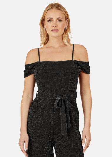 Yumi Black Sparkle Stretch Bardot Jumpsuit