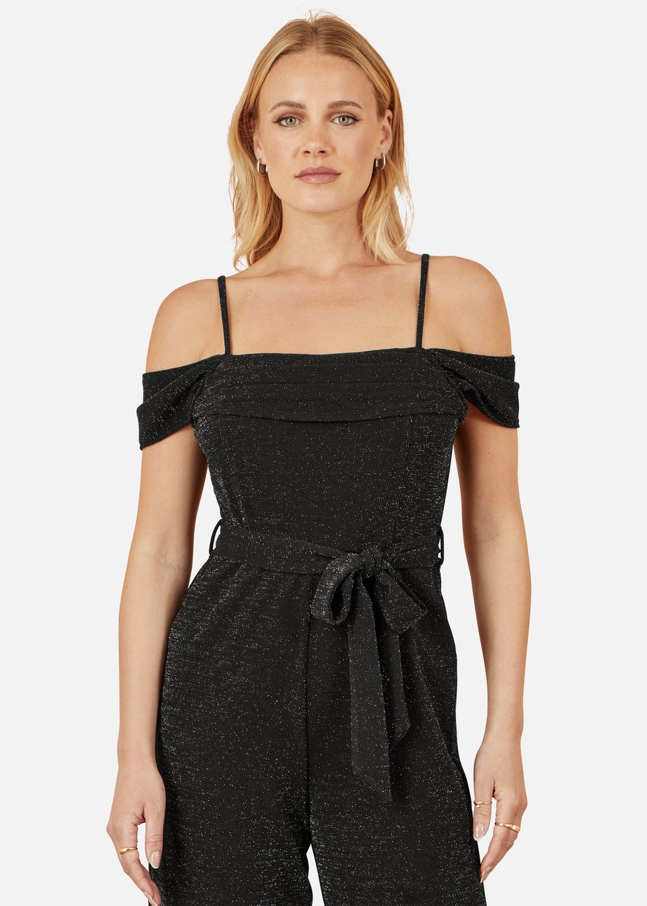 Yumi Black Sparkle Stretch Bardot Jumpsuit