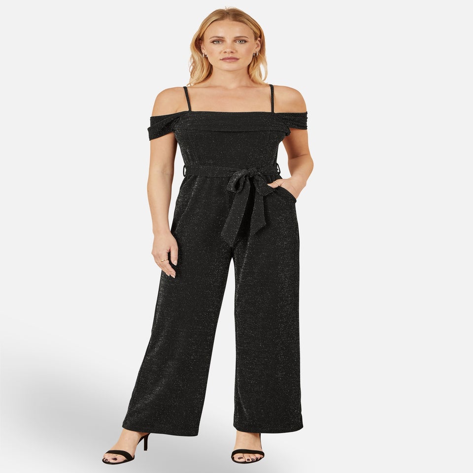 Yumi Black Sparkle Stretch Bardot Jumpsuit