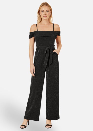 Yumi Black Sparkle Stretch Bardot Jumpsuit
